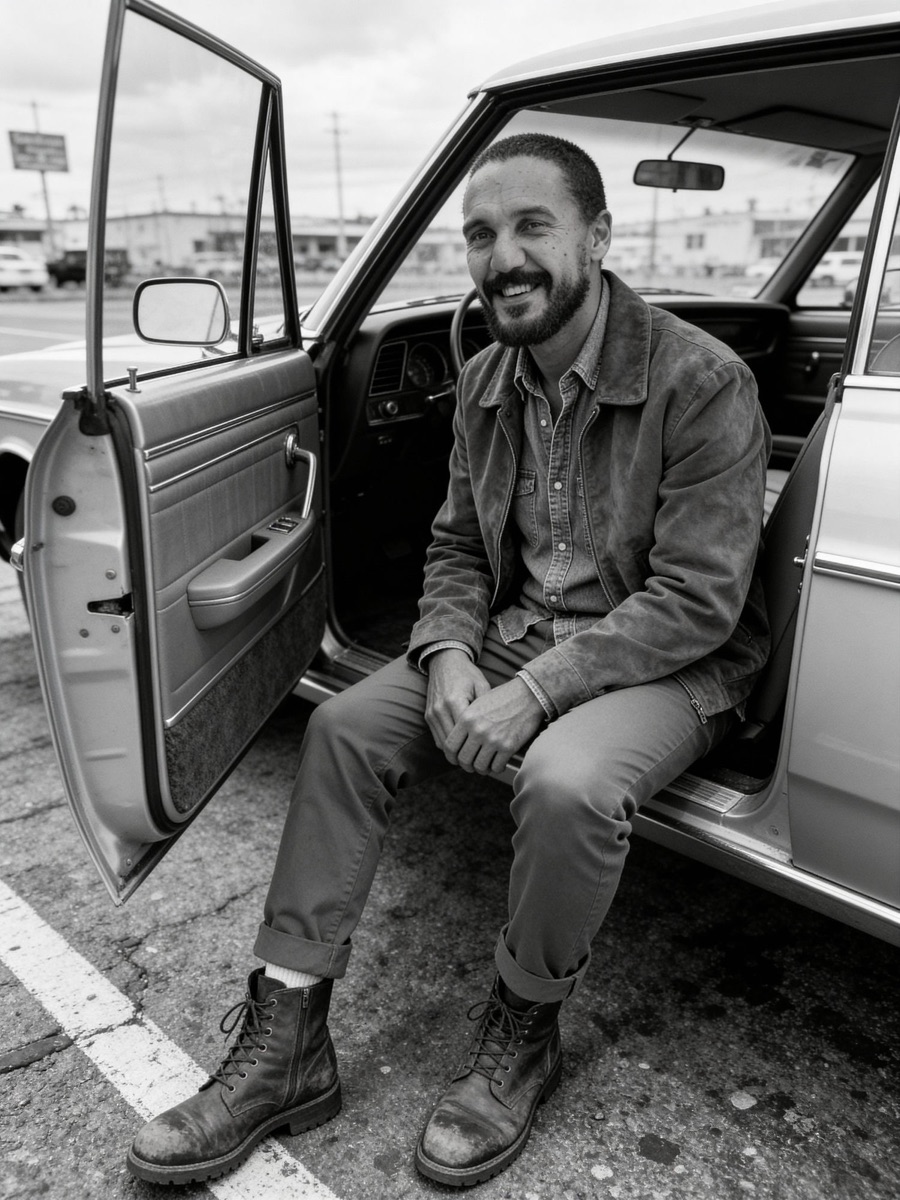 Tiago Da Cruz sitting in the door of a vintage car, smiling — black and white photograph