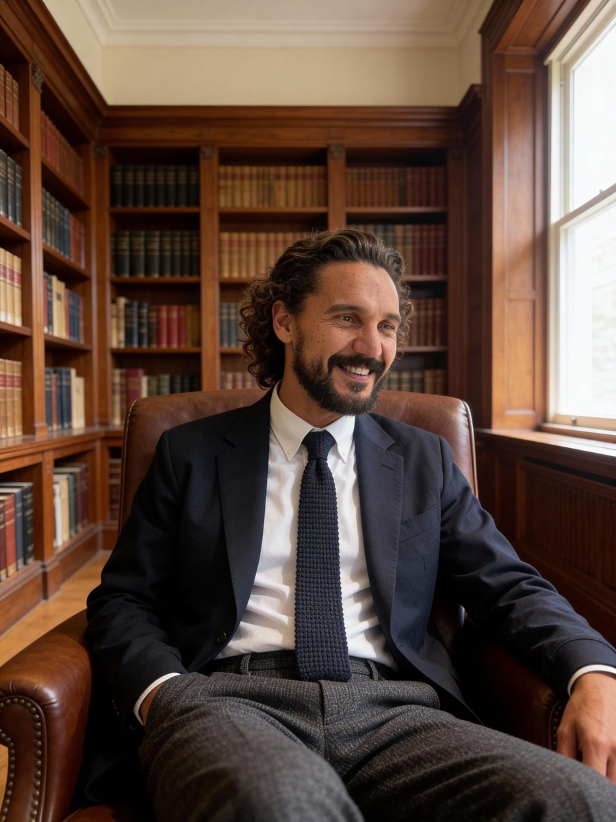 Tiago Da Cruz in a library, black and white photograph
