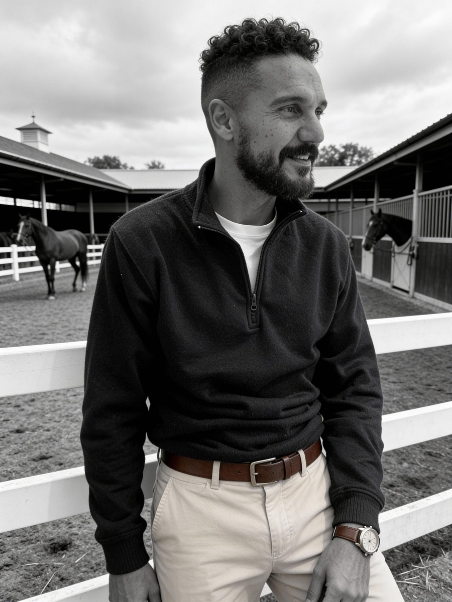 Tiago Da Cruz at a stable yard, black and white photograph